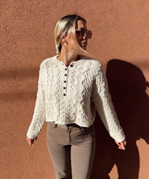 Cropped Henley Knit Sweater
